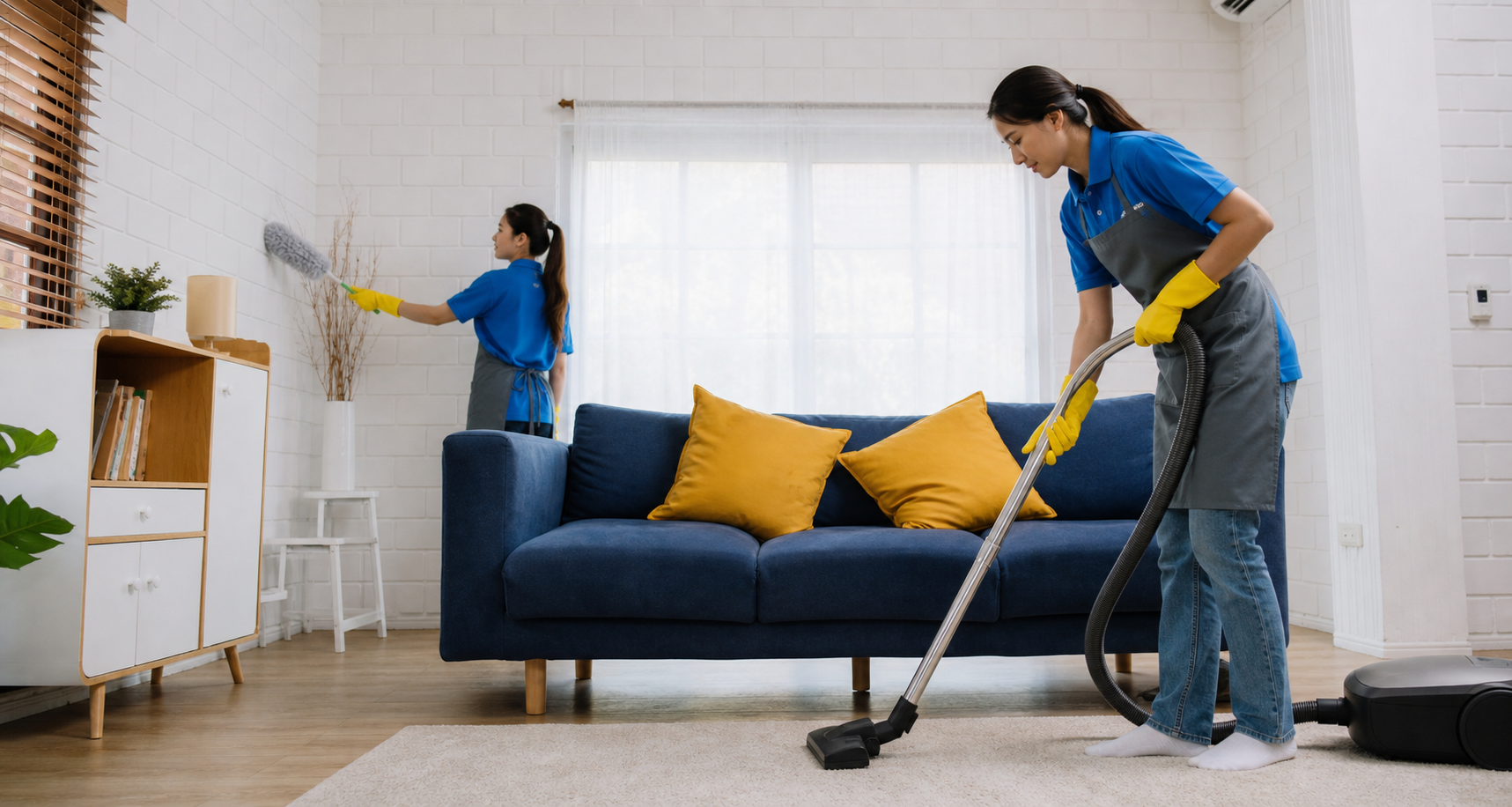 Cleaning team refreshing a bright living room